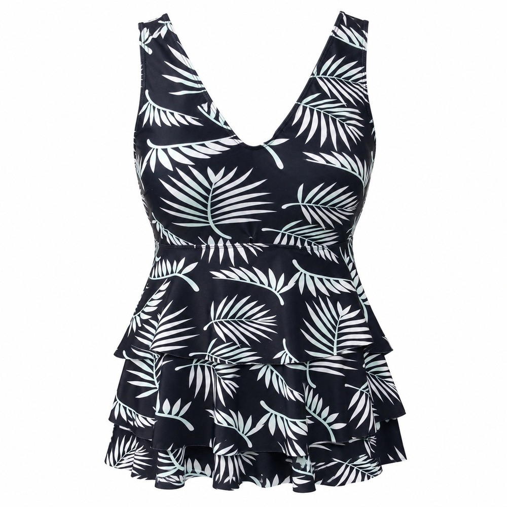 Womens 1XL Black White Fern Leaf Print Tiered Ruffle Swim Tank Top Fitted Bodice